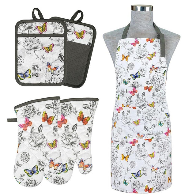 Alselo Oven Mitts and Pot Holders with Chaf Apron,set of 5 Heat Resistant Kitchen Gloves and Silicone Non-Slip Potholders Adjustable Neck Buckle Apron, Cotton Nice Design for Cooking (Butterfly)