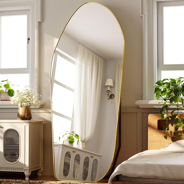 ZENOMIRRIS Full Length Floor Mirror - 76"x34" Aluminum Frame Irregular Diamond Shaped Standing Leaning Hanging for Bedroom Living Room Cloakroom Decor Large Mirror Gold