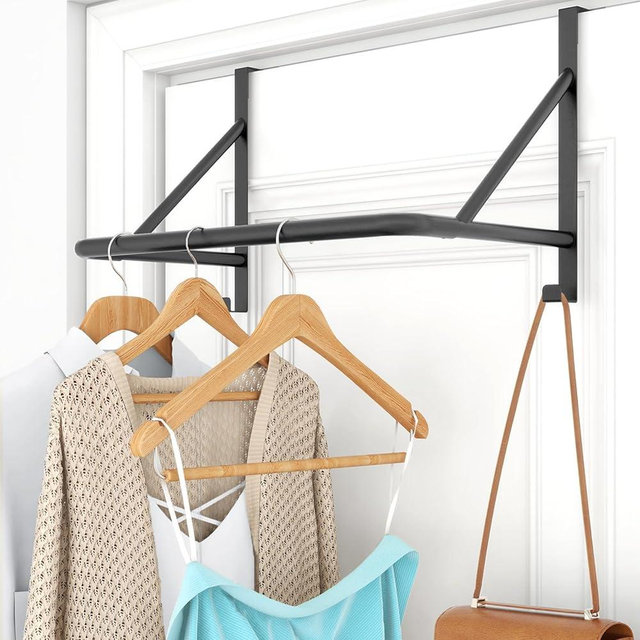 CHJgroup Over The Door Clothes Hanger Rod, Metal Over The Door Hanger for Coat, Clothes Drying Rack for Door for Laundry, Bedroom, Washroom, Fits Door Up to 1.97", Black