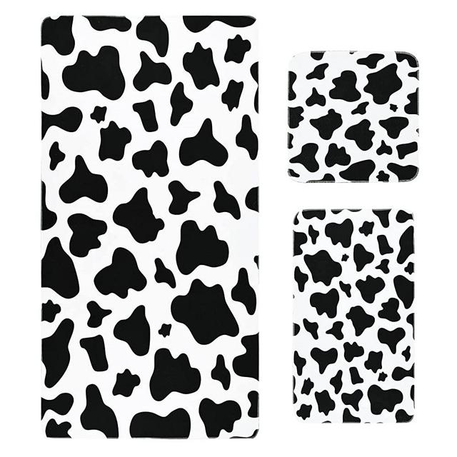 3Pcs Cow Print Bath Towels Set Include Beach Towel, Hand Towel and Wash Towel, Black White Cow Spots Towel Set for Bathroom Decor, Super Soft Water Absorbent Beach Towel for Travel, Swim, Sport