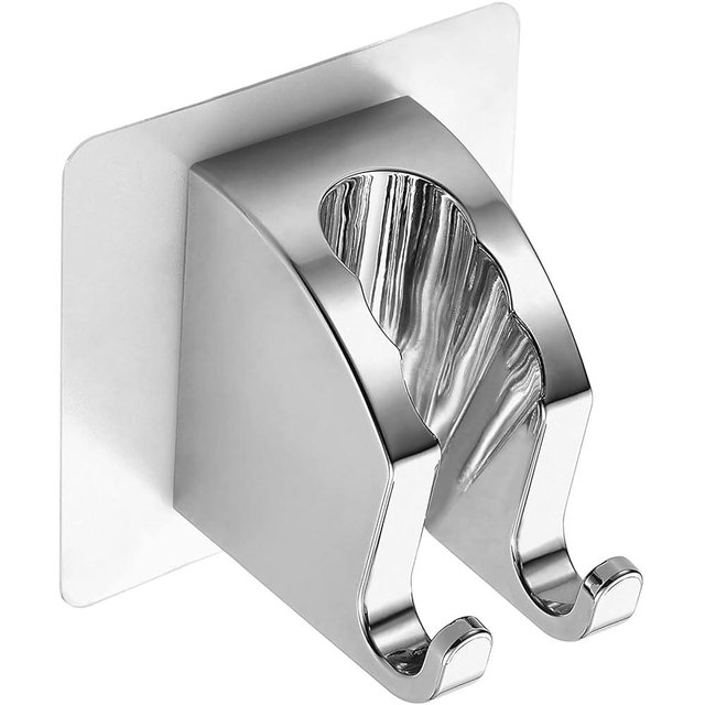 JONKEAN Chrome Handheld Shower Head Holder with 2 Hanger Hooks Strong Adhesive Shower Head Holder Adjustable Shower Wand Holder Wall Mount, Bathroom Waterproof Shower Bracket Holder