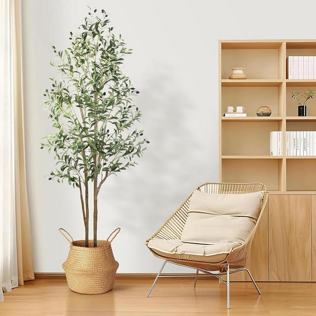 Alupssuc 𝟔𝐟𝐭 Artificial Olive Tree Faux Silk Plant(72" in), Indoor Fake Olive Tree with Natural Wood Trunk & Lifelike Fruits, Perfect for Modern Home Office Living Room Floor Decor, 6 FT