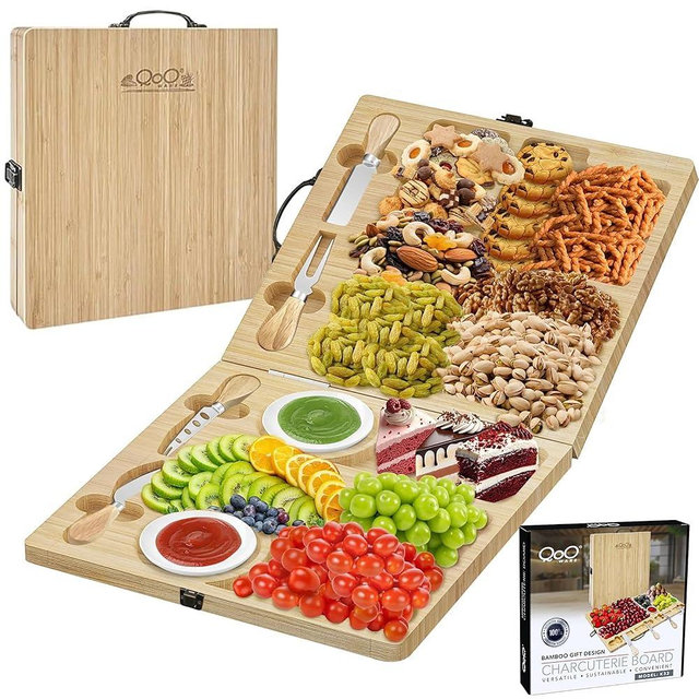 Charcuterie Boards Gift Set – Large Foldable Bamboo Cheese Board with Magnetic Utensil Storage, Multi-Compartment Design for Family Gatherings, Picnics, Parties & Holiday Entertaining