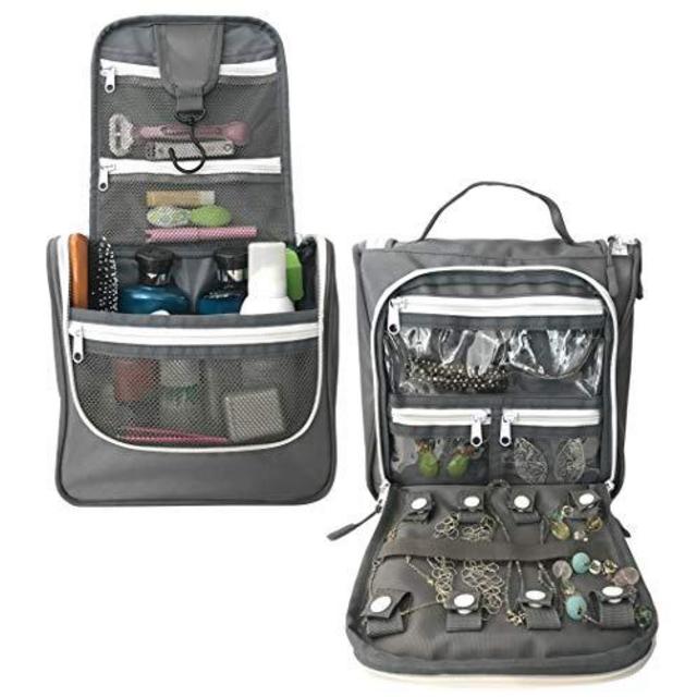 WAYFARER SUPPLY Hanging Toiletry Bag: Pack-it-flat Travel Kit, w Jewelry Organizer, Grey