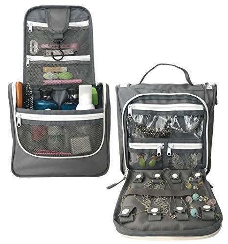 WAYFARER SUPPLY Hanging Toiletry Bag: Pack-it-flat Travel Kit, w Jewelry Organizer, Grey