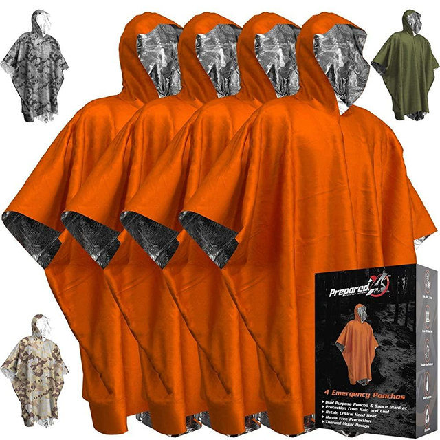 Emergency Blankets & Rain Poncho Hybrid Survival Gear and Equipment – Tough, Waterproof Camping Gear Outdoor Blanket – Retains 90% of Heat + Reflective Side for Increased Visibility – 4 Pack (Orange)