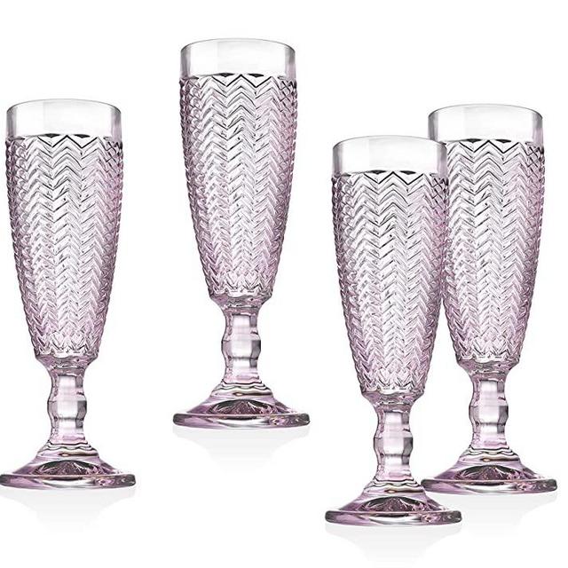 Twill Champagne Flutes Beverage Glass Cup by Godinger – Rose Pink – Set of 4