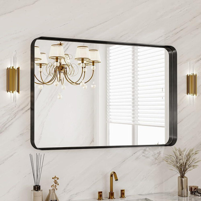 40X30 Inch Black Metal Framed Bathroom Mirror for Wall, Matte Large Rounded Rectangle Vanity Mirror Farmhouse,Anti-Rust, HD Tempered Glass, Horizontally or Vertically Hanging