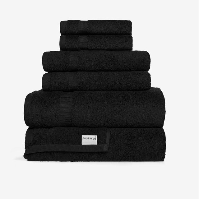 SALBAKOS 100% Turkish Cotton 6-Piece Towel Set | Premium Quality Hotel & Spa Collection | Soft, Super Absorbent 2 Washcloth, 2 Hand, 2 Bath Towels Sets | Made in Turkey (Black, 6 Pieces Towel Set)