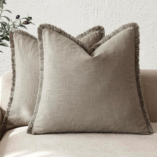 Foindtower Set of 2 Decorative Linen Fringe Throw Pillow Covers Cozy Boho Farmhouse Cushion Cover with Tassels Soft Accent Pillowcase for Couch Sofa Bed Living Room Home Decor,26×26 Inch,Brown Tan