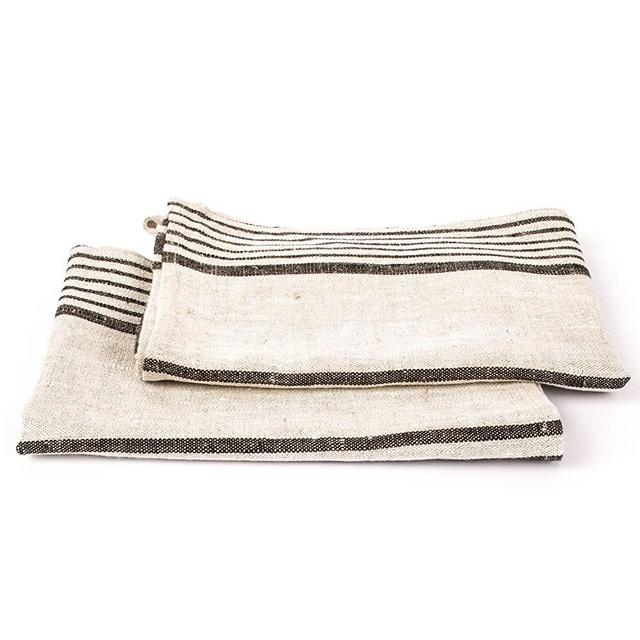 Set of 2 Linen Tea/Dish Towels Natural Black Striped Provence, 19 by 28 -inch, Prewashed, European Linen, with Loop