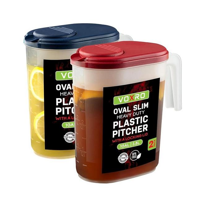 2-Pack Oval Slim Plastic Pitchers With Lids – 1 Gallon, Flip-Top Pivot Spout, Well-Gripped Handle, Water Jug, With Measuring Option, Ideal for Water, Juice & Iced Tea (Blue & Red) BPA Free