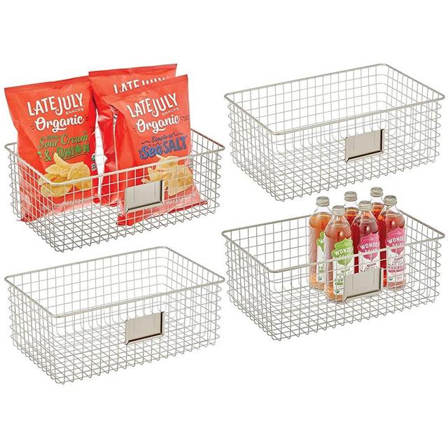 mDesign Farmhouse Decor Metal Wire Food Organizer Storage Bin Basket with Label Slot for Kitchen Cabinets, Pantry, Bathroom, Laundry Room, Closets, Garage - 4 Pack - Satin