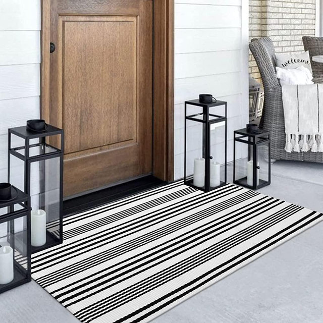 Black and White Striped Outdoor Rug, 3’x5’ Cotton Modern Front Porch Door Mat Hand-Woven Reversible Patio Rug Washable Layered Doorway Carpet for Farmhouse/ Kitchen/ Living Room