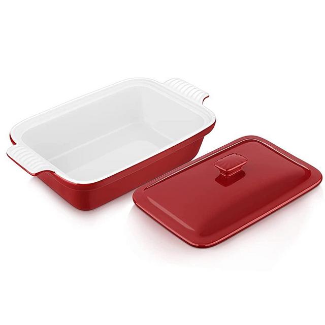 vancasso Blossom Casserole Dish With Lid, 12x7 Lasagna Pan Deep with Lid, 1.9 Quart baking dish with lid Ceramic Casserole Dish Set, Oven, Microwave Safe, Red