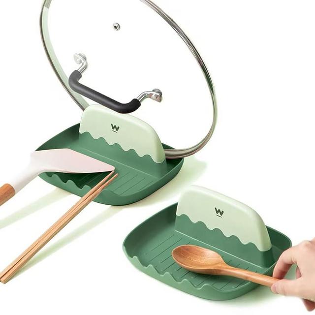 2 Pack Spoon Rest for Kitchen Counter, Cooking Ladle/Spatula/Spoon Holder for Stove Top, Utensil Rest for Countertop, Kitchen and Grill Utensil and Lid Holder, No Mess Rack with Drip Pad (Green&Green)