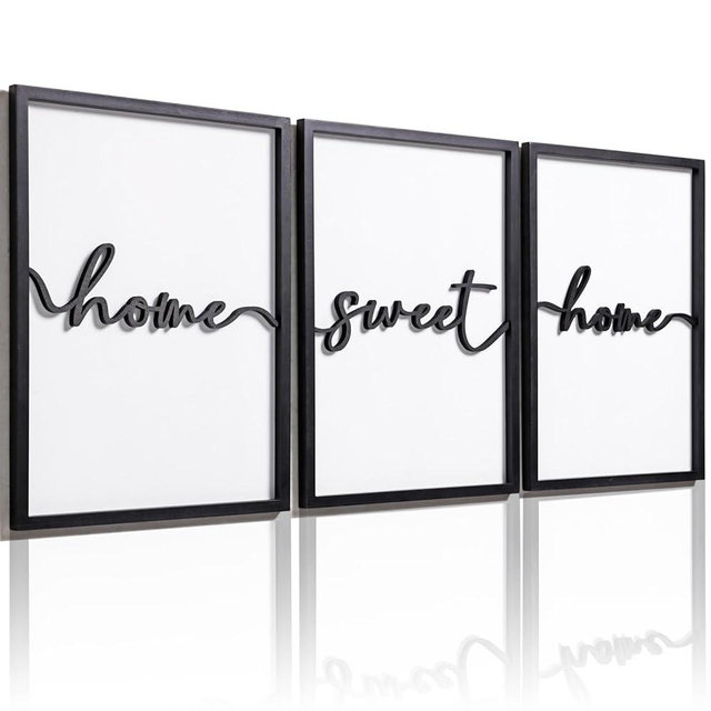 3D Wood Home Sweet Home Wall Art, Modern Home Sweet Home Sign for Large Living Room Wall Decor(Ready to Hang, Set of 3, 12x16 Inch, Framed)