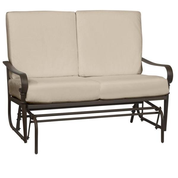 Oak Cliff Brown Steel Outdoor Patio Glider with CushionGuard Putty Tan Cushions