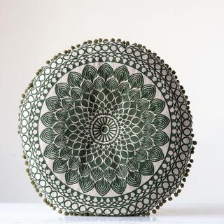 Medium Round Cotton Chambray Pillow with Pom Poms
