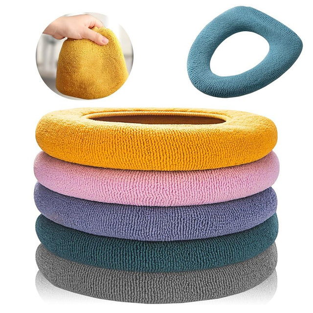 Legigo 5 Pack Thicker Bathroom Toilet Seat Cover Pads- Soft Warmer Toilet Seat Cushion Cover Stretchable Washable Fiber Cloth, Easy Installation Comfortable Toilet Lid Seat Cover(Knitted Style)