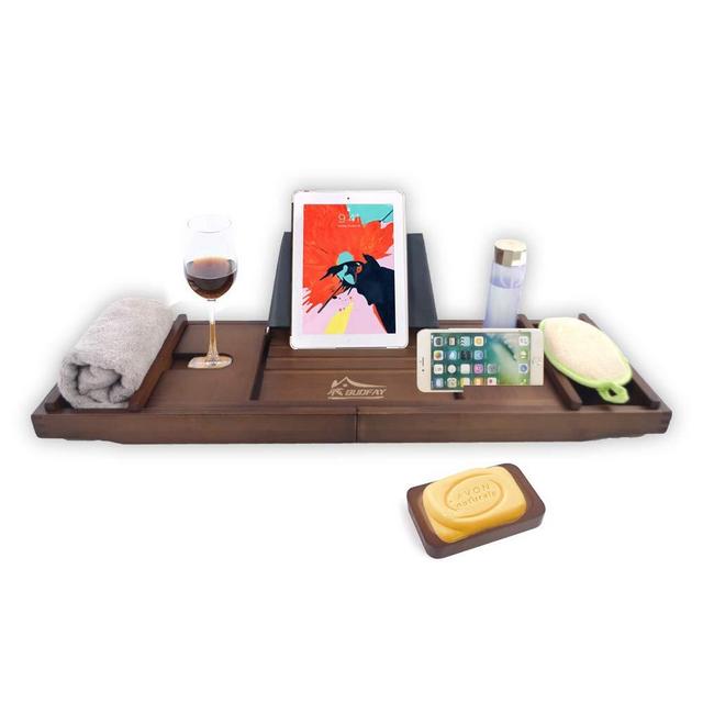 Bamboo Bathtub Caddy Tray Expandable Bath Tub Tray with Book and Wine Holder, Soap Dish, Phone Slot, Luxury Bath Table for Any Tub Bath Gift for Women (29.5-43″ x 9″, Brown)