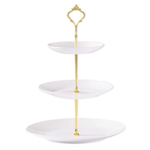 CofeLife 3 Tier Ceramic Cake Stand - Elegant Dessert Cupcake Stand - Pastry Serving Tray Platter for Tea Party, Wedding and Birthday (White Gold)