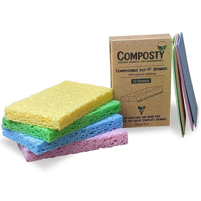 Composty | Compostable 'Pop-Up' Eco Friendly Dish Sponges | 12 Pack | Biodegradable | Plastic Free | Zero Waste | Long-Lasting | 4 Colors: Perfect for Kitchen, Dishes, Bathroom | One Tree Planted