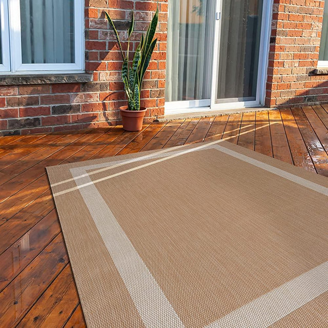CAMILSON Outdoor Rug - Modern Area Rugs for Indoor and Outdoor patios, Kitchen and Hallway mats - Washable Outside Carpet (6x9, Bordered - Beige / White)