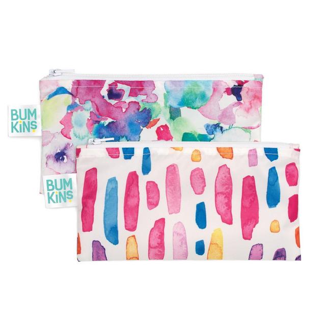 Bumkins Snack Bags, Reusable, Washable, Food Safe, BPA Free, 2-Pack - Watercolor & Brushstrokes