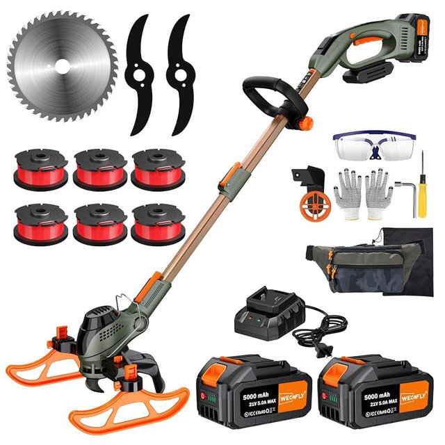 WeGofly 13-Inch String Trimmer Cordless,(2 x 21V 5.0Ah Batteries & Charger), Trimmer/Edger/Lawn Mower/Brush Cutter 4-in-1, Electric Weed Wacker with Auto Rope Spool Feed, 3 Cutting Methods