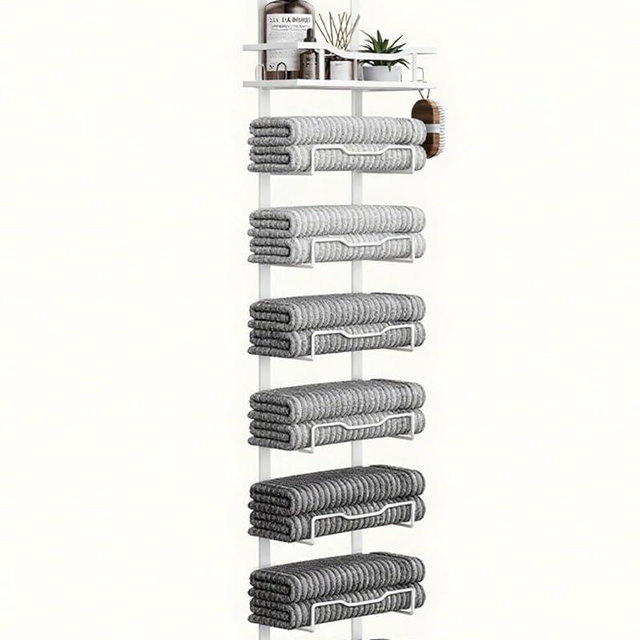 Hanging Towel Racks for Bathroom No Drill - Over The Door 8-Tier Bath Towel Storage Organizer for Small Bathrooms - Back Door Large Tiered Towel Holder Hanger for Rolled Towels RV Camper White