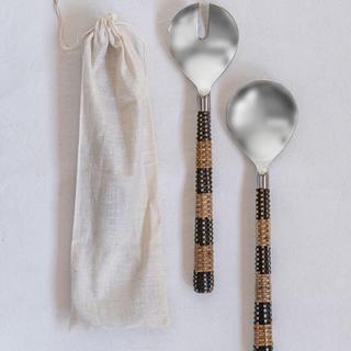 Stainless Steel Salad Servers with Rattan Handles