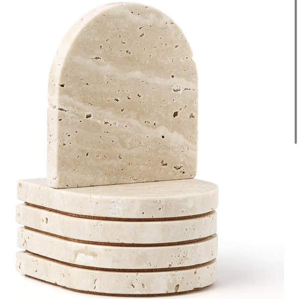 WORHE Marble Coaster for Drinks Set of 5 Natural Travertine Coasters for Home Decor Coffee Table, Modern Style Stone Cup Mat for Housewarming Party Hotel Bar Christmas Anniversary Present Beige(DL020)