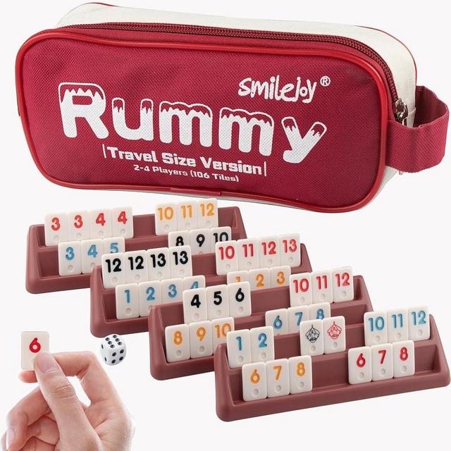 Smilejoy Mini Rummy Cube Game,Travel Size Rummy Game with Canvas Bag,Mini Rummy Game for Adult and Kids,106 Tiles, 4 Playing Rack, 1 Dice (2-4 Players)