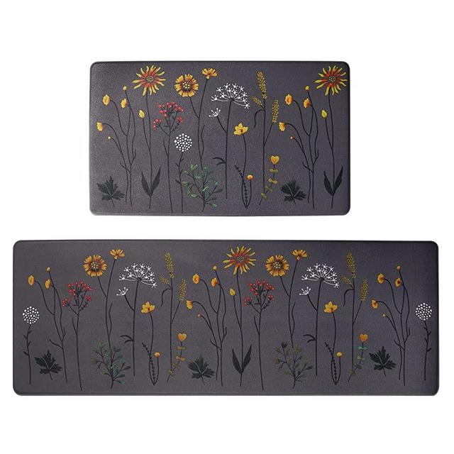 Rempry Kitchen Rugs and Mats Set of 2, Colorful Flowers Kitchen Mats for Floor, Non Slip Cushioned Anti-Fatigue Kitchen Floor Mats for Kitchen Sink Office, 17"x47"+17"x29"
