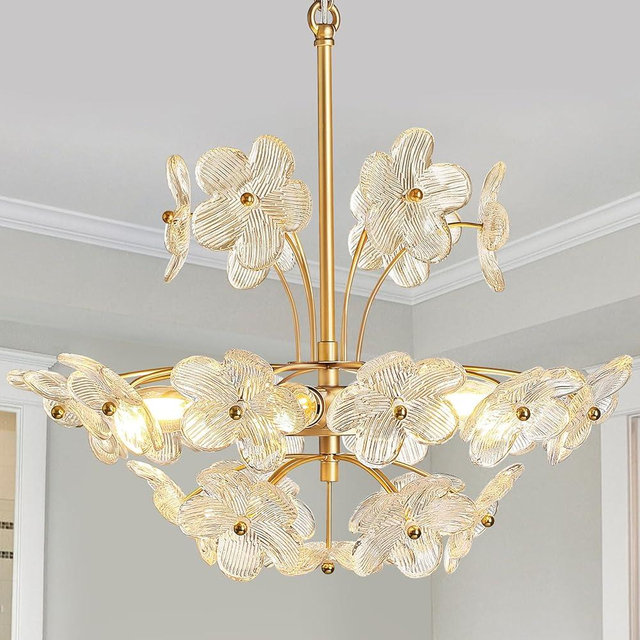 mnikopE Modern Chandelier Ceiling Light Fixtures, 6 Lights Petal Shades Pendant Light with Adjustable Chain, 18.7'' Brushed Gold Flower Chandelier for Dining Room, Living Room Foyer (E12 Base)