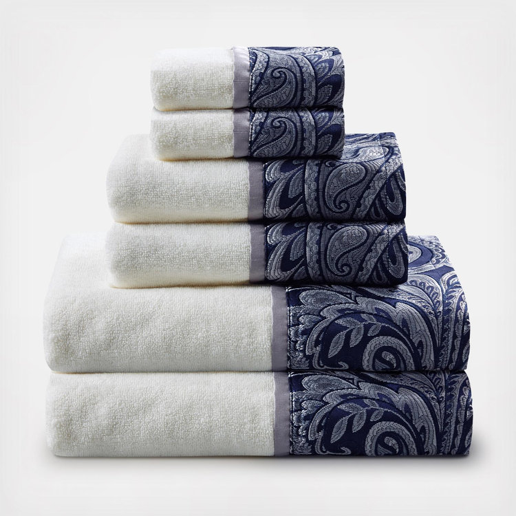 Madison Park Aubrey 6-Piece Cotton Towel Set – Super Absorbent, Quick-Dry, Jacquard Paisley Design | Navy & Grey