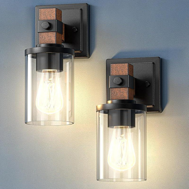EDISHINE Wall Sconces Set of 2, Farmhouse Vanity Lights Fixtures for Bathroom, 1-Light Faux Wood Rustic Bath Wall Mount Lamp with Clear Glass Shade for Hallway, Living Room, Mirror, Kitchen