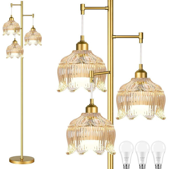 WLQCWL Vintage Floor Lamps for Living Room Bedroom-3 Light Gold Floor Lamp with Glass Lampshape, Flower Tall Lamp Glass Mid Century Standing Lamp Tree Floor Lamp for Living Room Corner