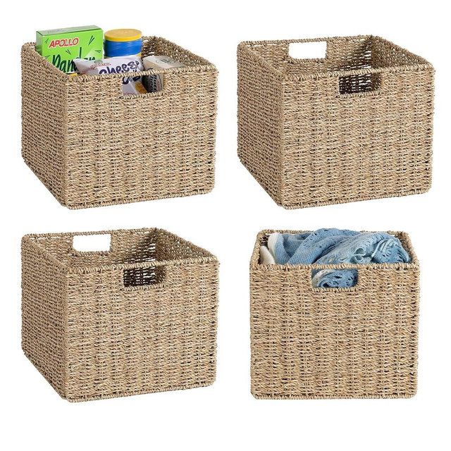 12x12x10in Seagrass Storage Baskets Set of 4, Large Wicker Storage Basket, Decorative Seagrass Shelf Basket, Pantry Baskets Organization,Folding Storage Cube Bins