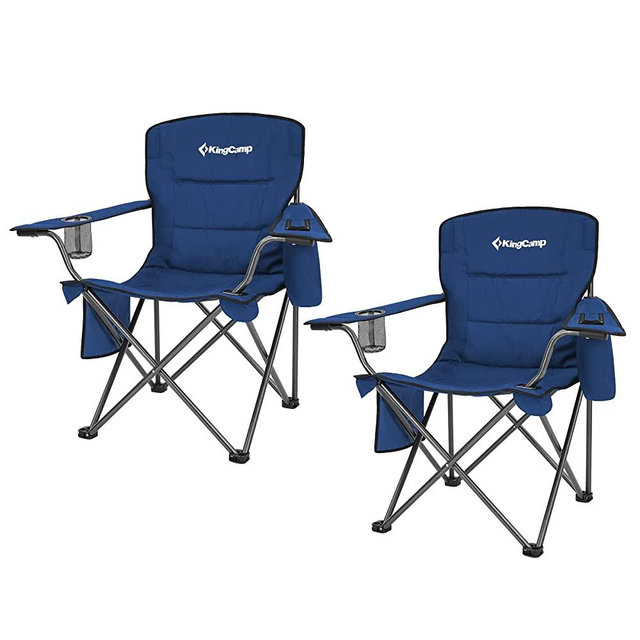 KingCamp Folding Portable Camping Oversized Padded Quad Arm Chair with Cooler Bag, Cup Holder and Side Pocket Heavy Duty Supports 300 lbs for Outdoor, Lawn, Fishing, Sports, one Size, Blue-2 Pack