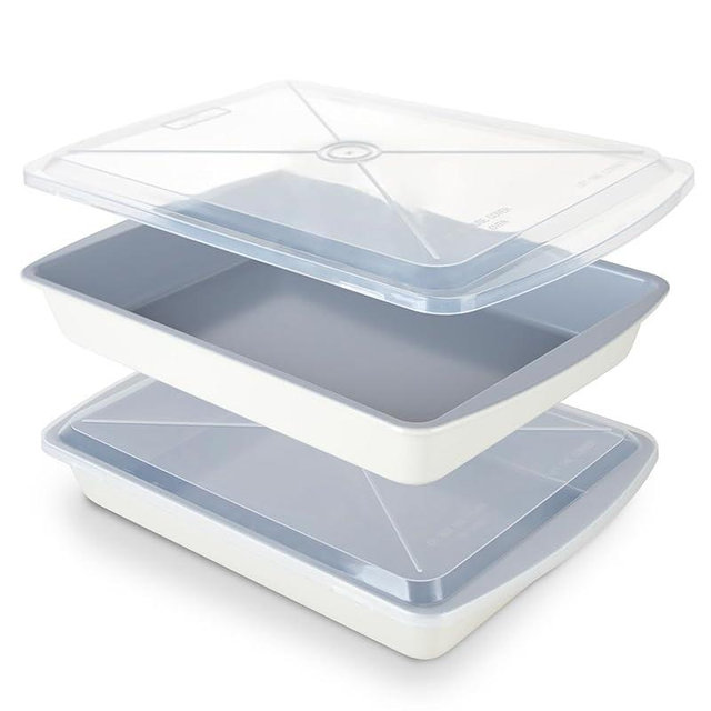 Cartman Cake Pan Set with Lids (2 Pans+2 Lids), 9x13 Inch Non-Stick Rectangular Coated Baking Pan, Healthy Toxin-Free Bakeware for Lasagna & Bread, Elegant Two-Tone Aesthetic Design, Cream