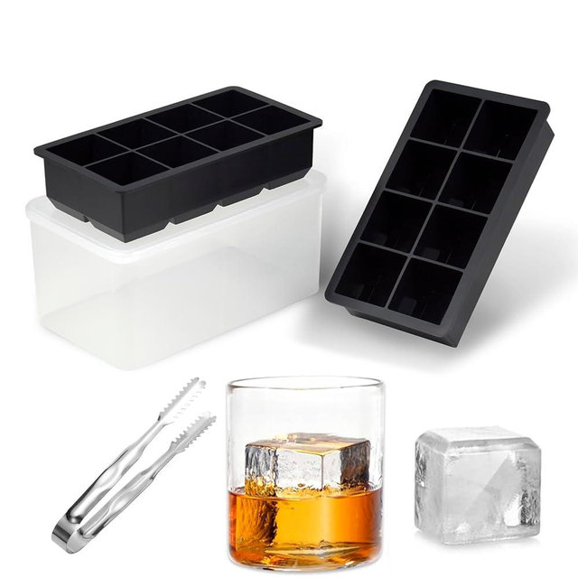 Bangp Large Ice Cube Tray with Bin and Tongs,2 Pack Large Size Silicone Ice Cube Trays for Whiskey, Big Square Ice Cube Molds Making 16 Giant Ice Cubes for Whiskey Cocktails Bourbon