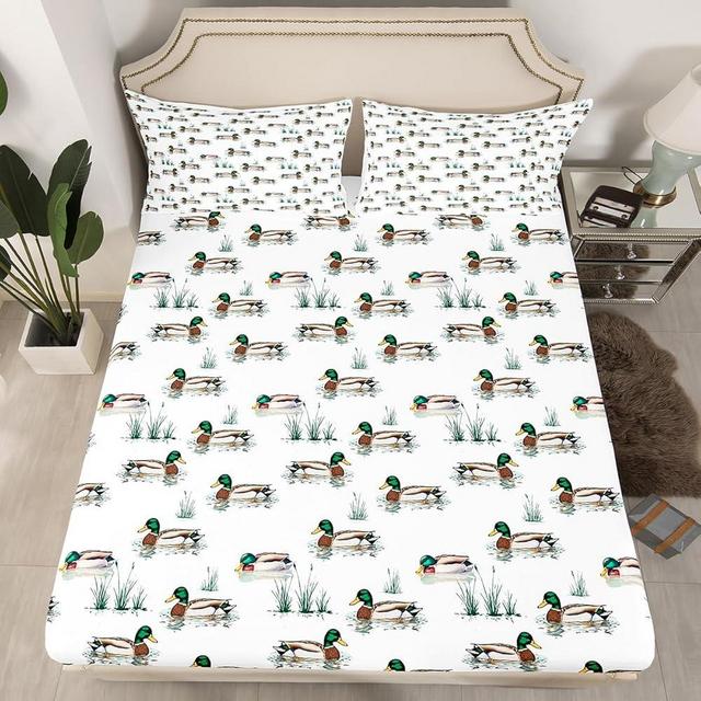 Erosebridal Duck Wild Fitted Sheet Queen Size Hunting Bed Sheets Mallard Safari Animal Botanical Natural Rustic Kids Adults Bed Set White Green Deep Pocket Sheets