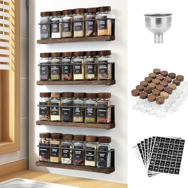 KitHero Wooden Lid Magnetic Spice Rack with 24 Jars, 216 Labels, 1 Steel Funnel for Refrigerator，Microwave Oven - Full Set of Spice Organizer