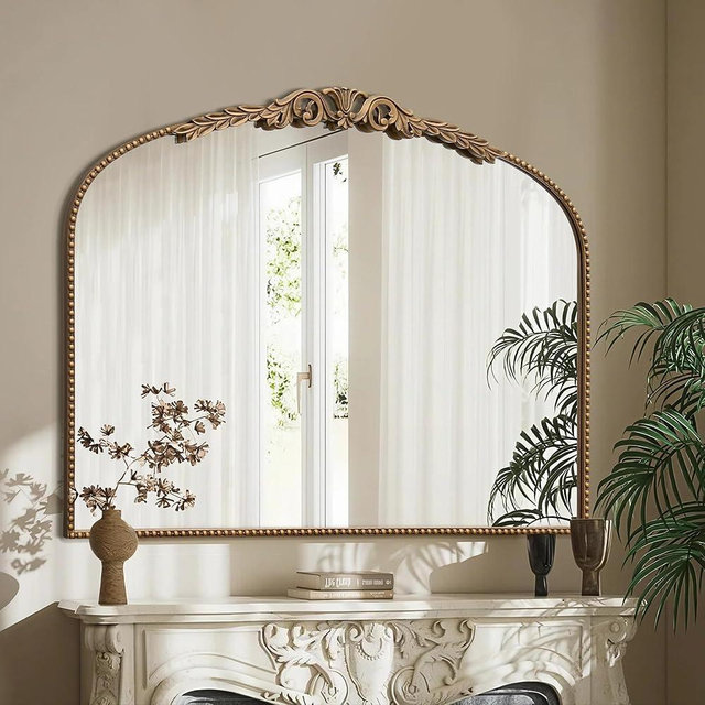 Besdomus Gold Large Arched Mirror: 40"x 30" French Baroque Vintage Mirror - Traditional Ornate Antique Mirrors for Wall/Mantel/Bedroom/Entryway/Bathroom/Hallway - Home Decor for Fashion-Conscious