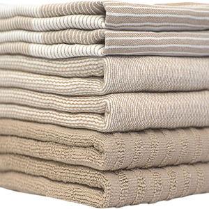 Premium Kitchen Towels (20”x 28”, 6 Pack) | Large Cotton Kitchen Hand Towels | Flat & Terry Dish Towel | Highly Absorbent Tea Towels Set with Hanging Loop | Tan