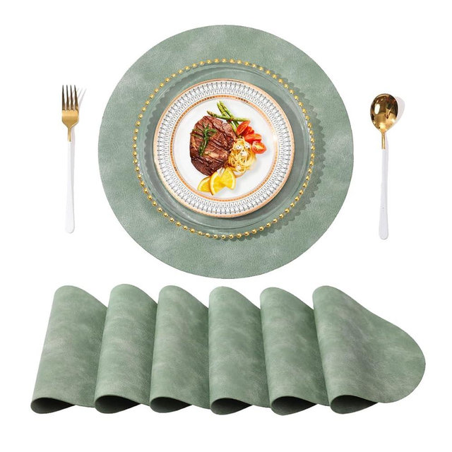 Univo Colors PU Leather Placemats Set of 6,15 Inches Round Washed Cowhide Pattern Table Mats for Dining Table, Kitchen, Party Decoration(Retro Green)
