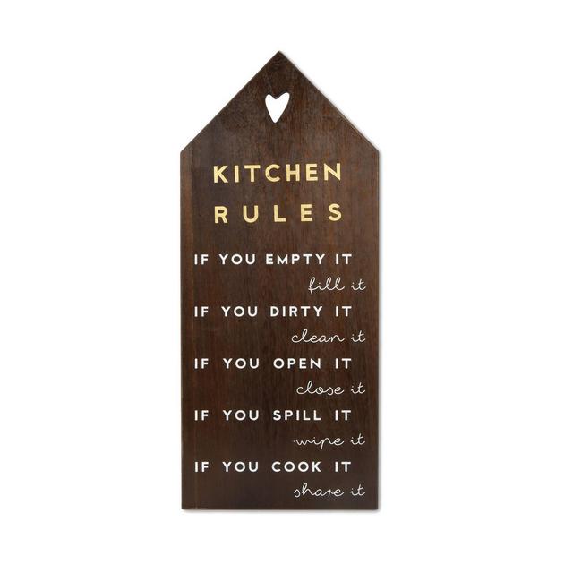 Kitchen Rules Plaque Deep Medium Wood Finish Metallic Gold/White - New View