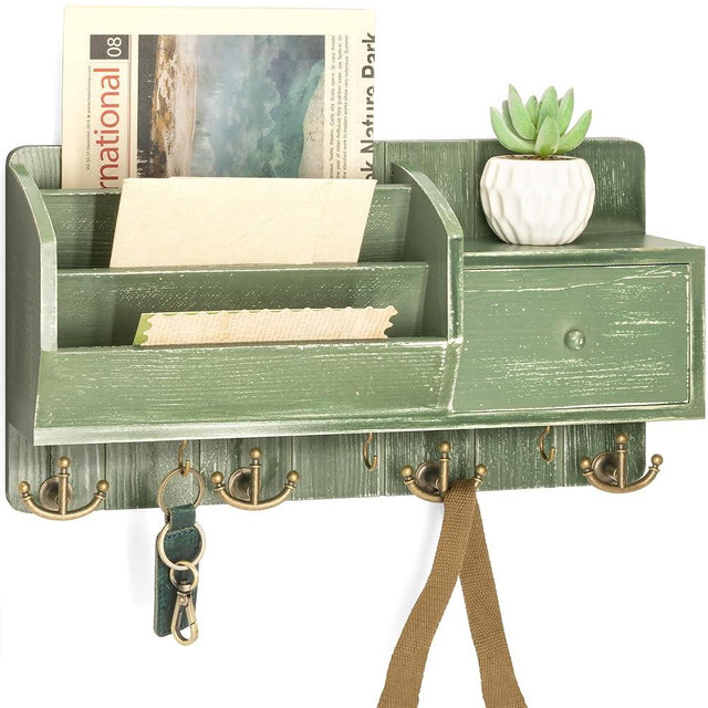 Rebee Vision Farmhouse Key Holder Wall Mount with Mail Sorter - Stylish Mail Organizer with Key Hooks and Drawer Organizer for Home Decor - Rustic Apartment Essentials for Home Improvement (Green)